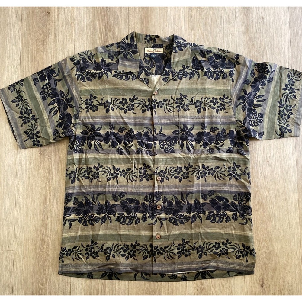 Tommy Bahama Men’s M 100% Silk Brown Tropical Geometric Hawaiian Aloha Shirt